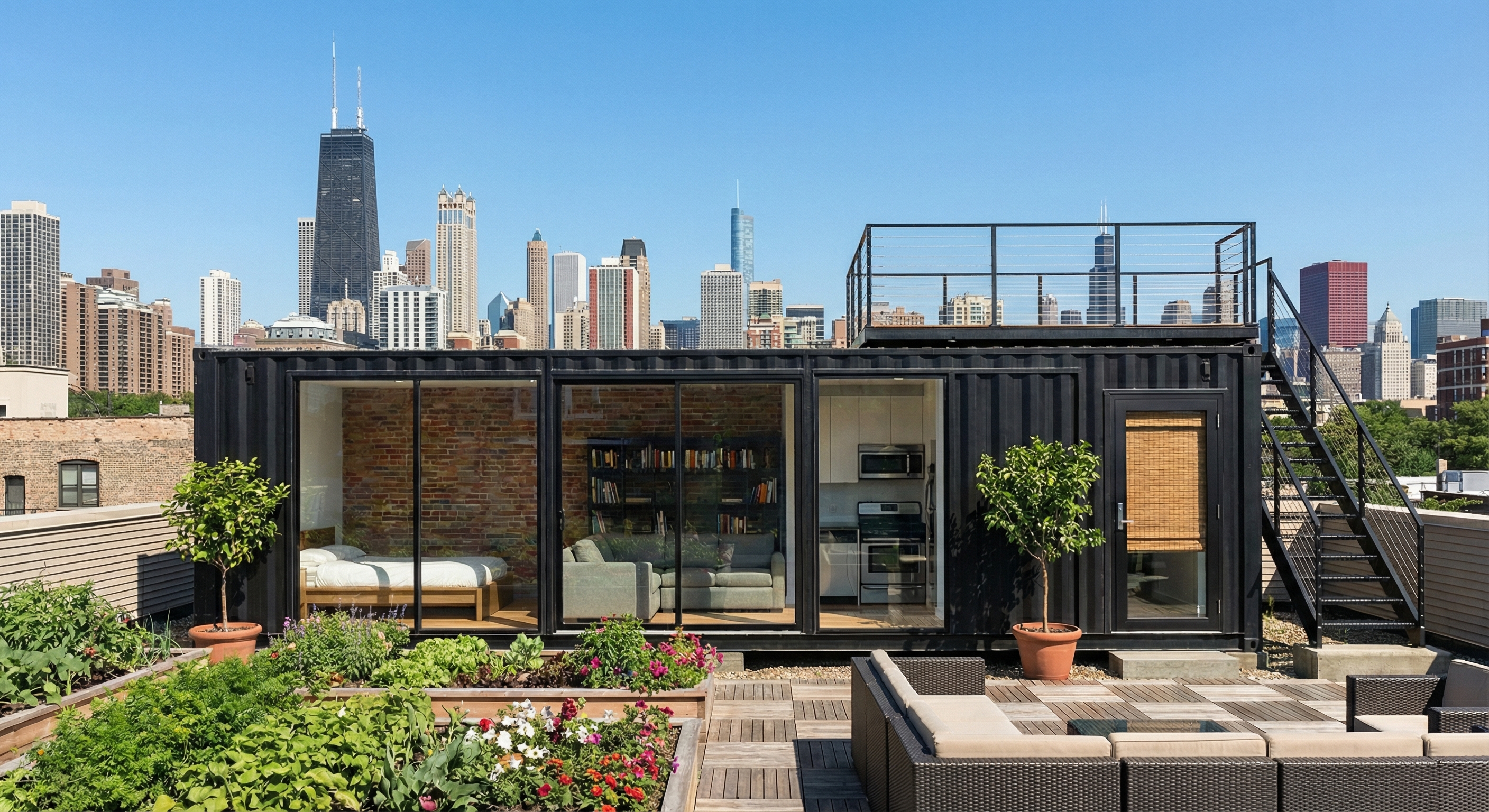 Capsul Designer Home — Chicago rooftop installation with skyline backdrop, brick interior, and urban herb garden