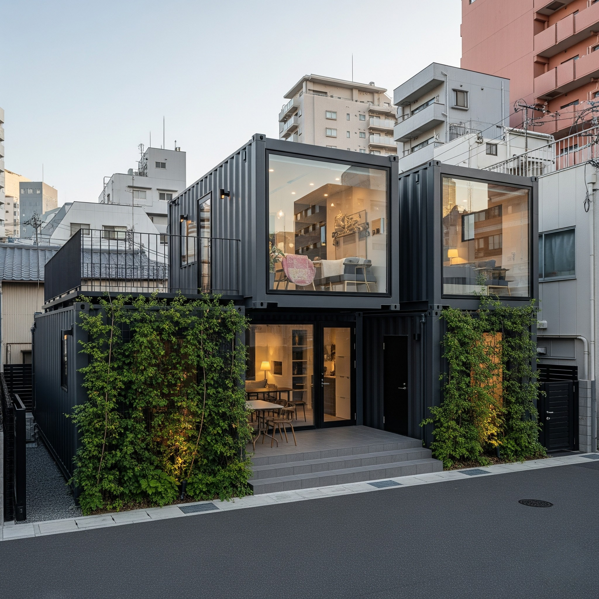 Capsul Designer Home — Tokyo installation. Dark dual-level modular with full-height glazing, vertical garden, urban Japanese setting.